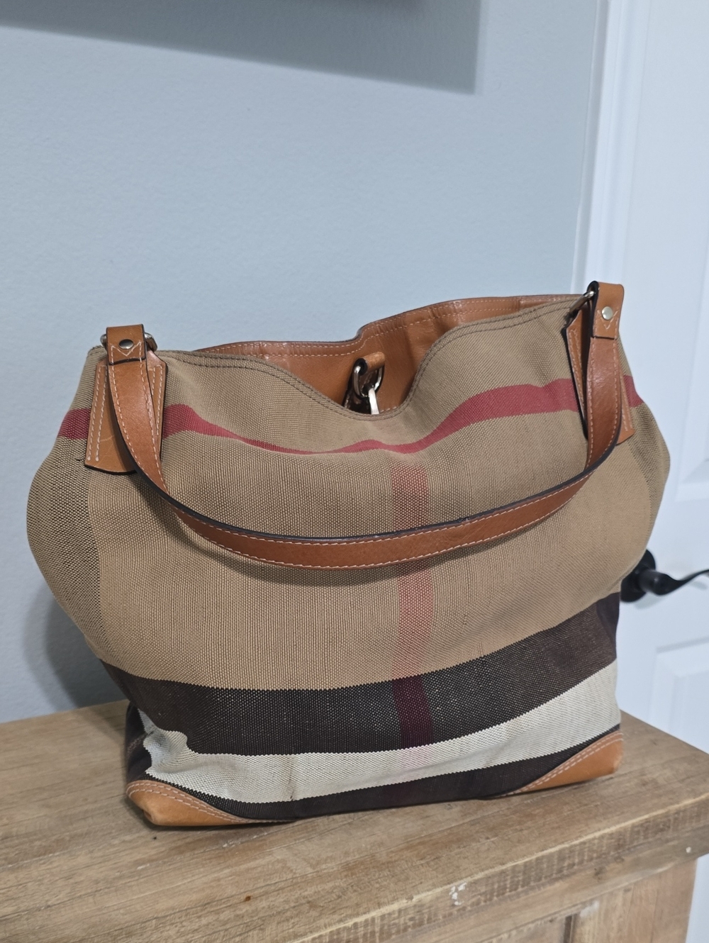 Burberry Tan Canvas Shoulder Bag with Brown and Cream Check